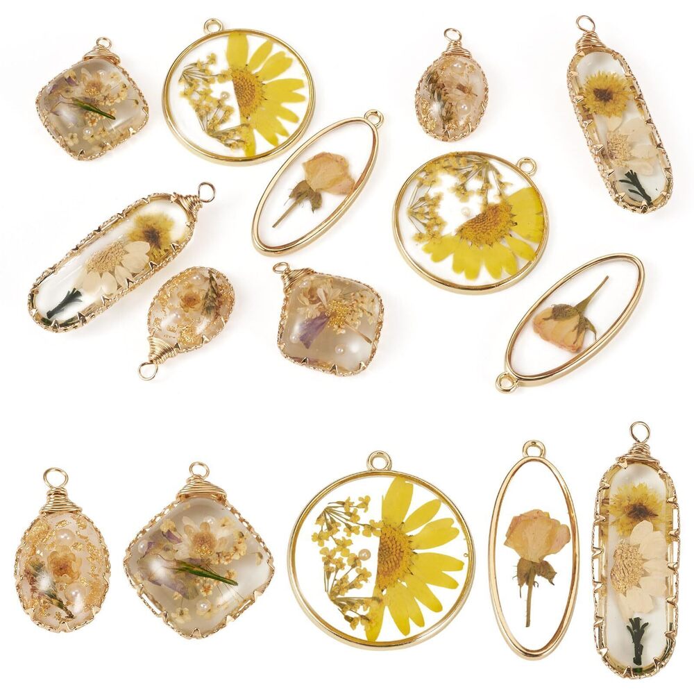4685 10Pcs Resin Dried Flower Pendants Flat Round Rhombus Oval Natural
